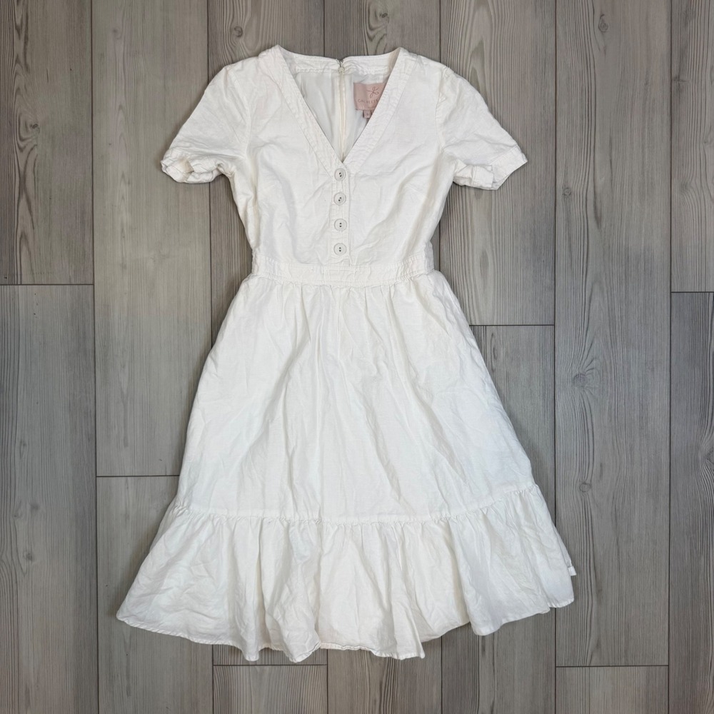 Gal Meets Glam White Linen Blend V-Neck Tiered Ruffle Midi Dress Size 0